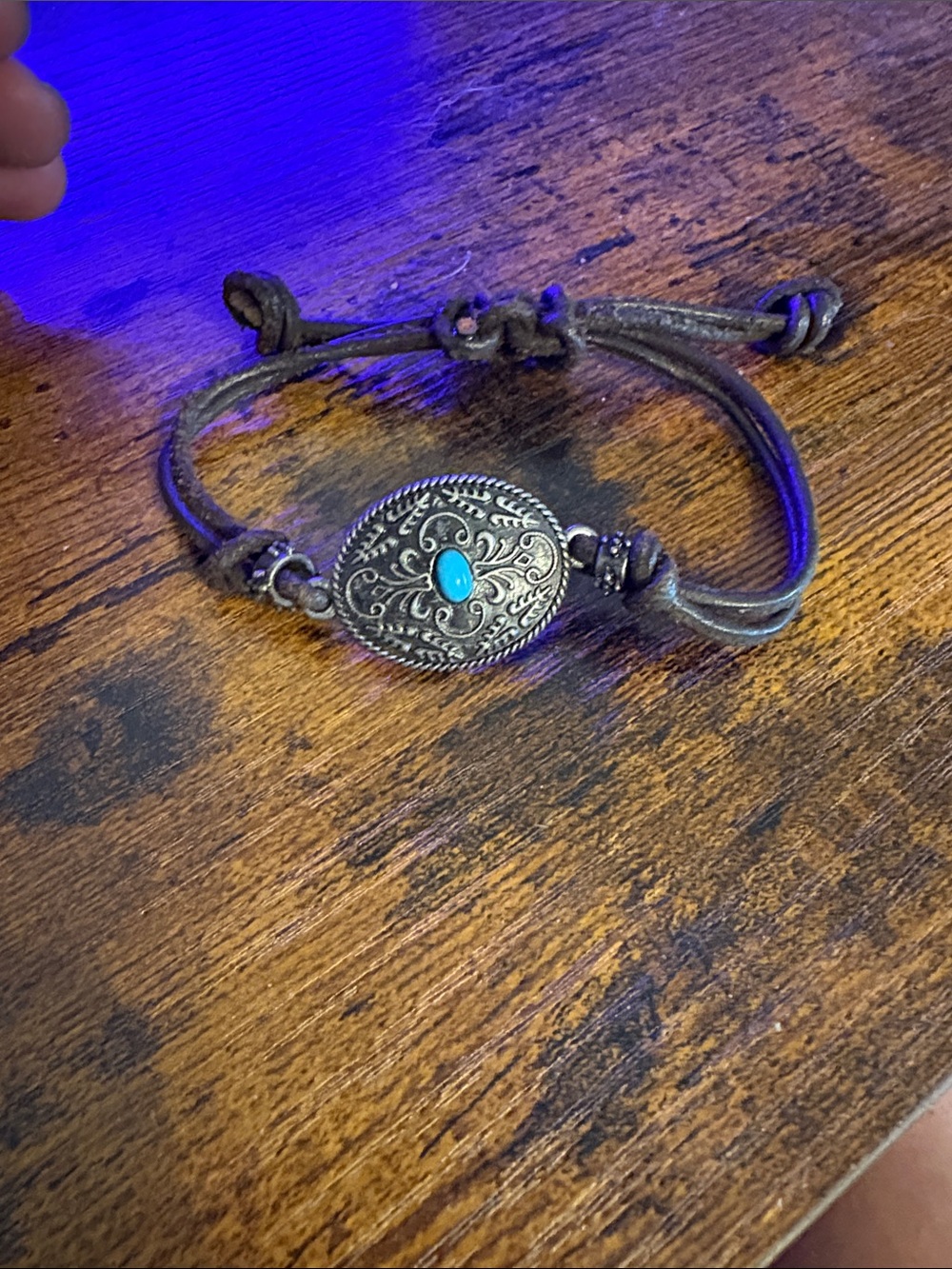 Silver-Tone Oval Turquoise Leather Cord Bracelet